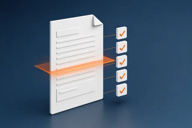 Illustration 3D : un cahier des charges analysé, avec la liste des exigences et des pièces à fournir cochée en orange