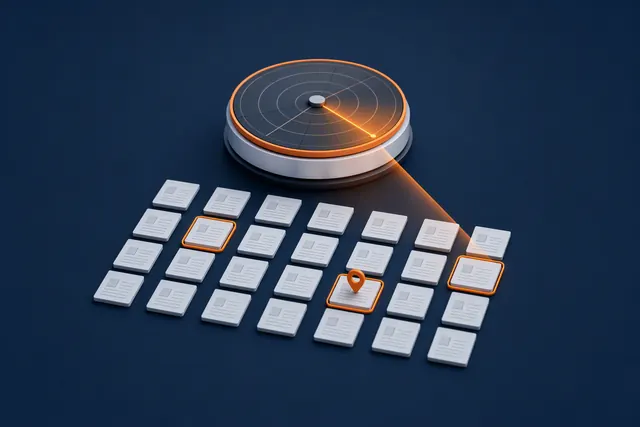 Illustration 3D : un radar balaie des documents d'appels d'offres et met en avant ceux qui correspondent à l'entreprise